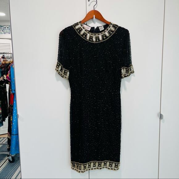 Vintage 80s Silk Beaded Sheath Dress, Formal, Black Tie Cocktail Kazar Blk/Gld - Picture 5 of 16